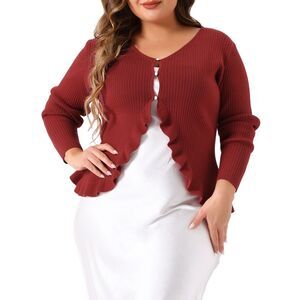 Plus Size Knit Sweater Open Front Ruffled Button Cardigan Outerwear Burgundy